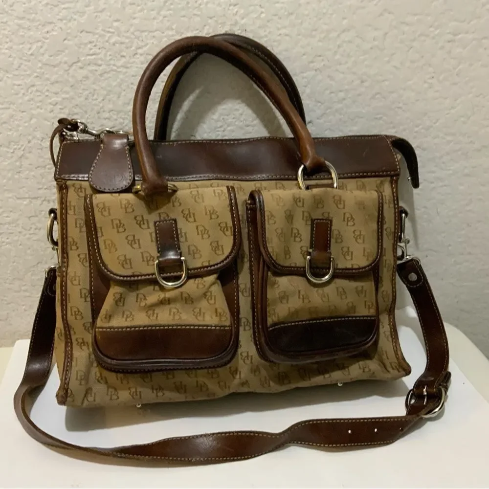 Dooney Bourke Monogram Signature Brown Textile Satchel Shoulder Bag  13x10x4